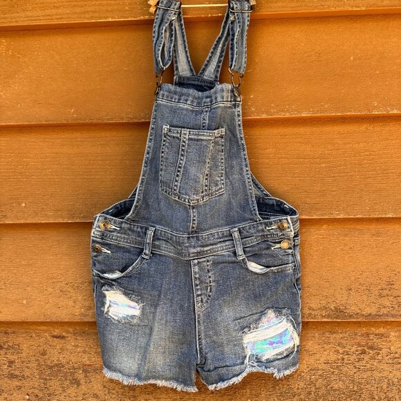 Cat & Jack Girls Sequin Super Stretch Denim Overall Shorts Size L 10/12 - Picture 1 of 11